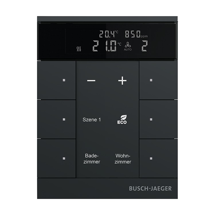 Busch-Jaeger SBC-F-6.0.11-885  Raumtemperaturregler mit VOC/Feuchte-Sensor und Bedienfunktion, 6-fach, schwarz matt, Busch-Tenton®