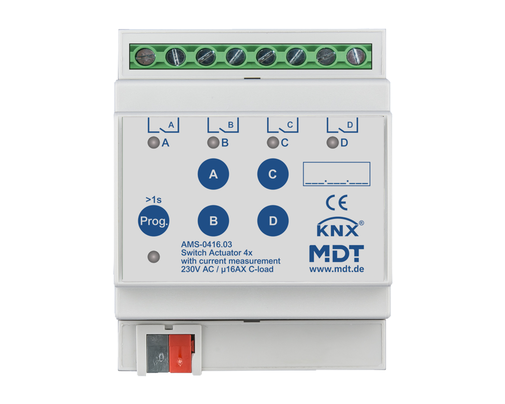 MDT AMS-0416.03 Schaltaktor 4-fach, 4TE, REG, 16 A, 230 V AC, C-Last mit Strommessung, 140 µF