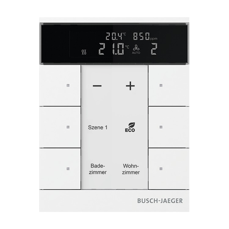 Busch-Jaeger SBC-F-6.0.11-84 Raumtemperaturregler mit VOC/Feuchte-Sensor und Bedienfunktion, 6-fach, studioweiß glänzend, Busch-Tenton®