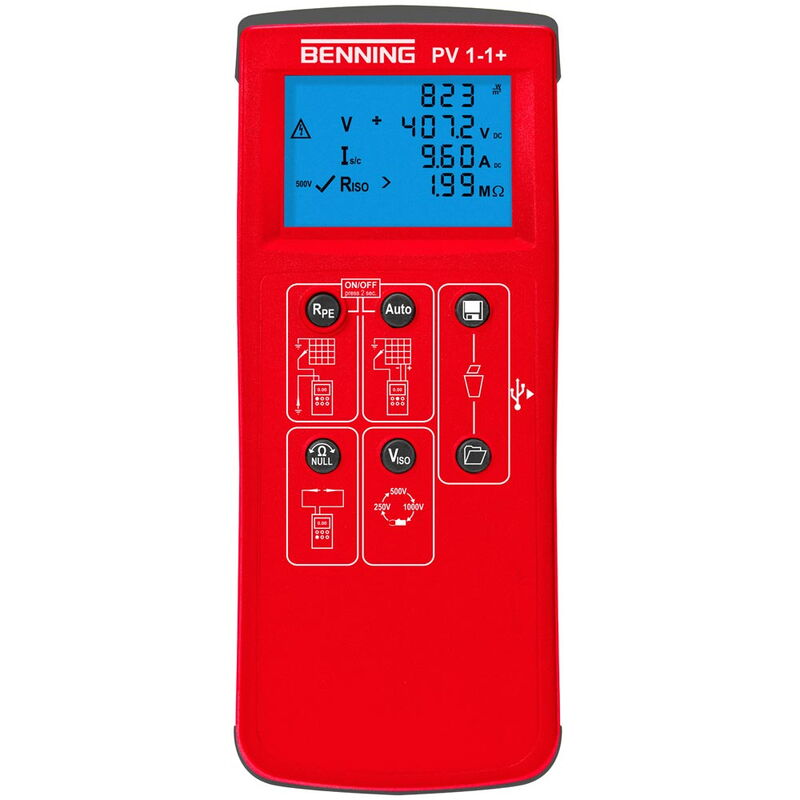 BENNING 5042101 Photovoltaik-Installationstester, Grafikdisplay beleuchtet, Leerlaufspannung 5 V – 1000 VDC, Prüfstrom ± 200 mADC, Isolationswiderstand 0,05 MΩ – 199 MΩ, Messwertspeicher über 200 PV-Stränge, inkl. Transporttasche, 1,2 kg