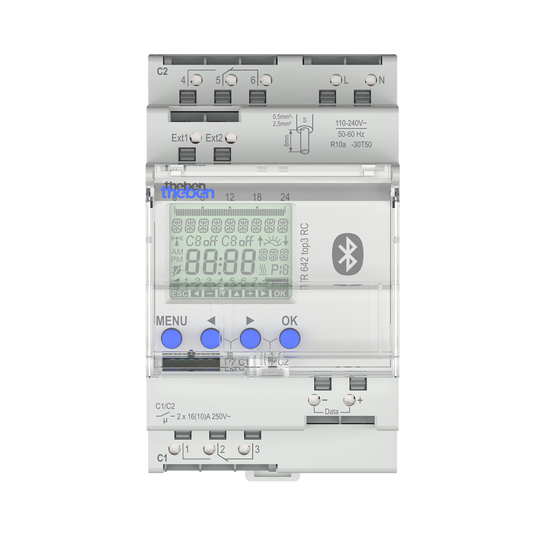 Theben 6420330 TR 642 top3 BLE RC Digitale Zeitschaltuhr, Jahresprogramm und Astro-Programm, 2 Kanäle, App-Programmierung möglich, DCF oder GNSS/GPS