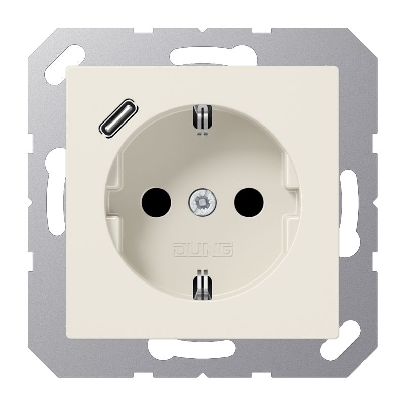 Jung A1520-18C Schutzkontakt-Steckdose mit USB-Ladegerät, 1 x Typ C, Safety Plus, Serie AS, weiß (ivory)