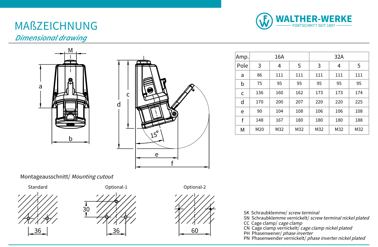 Walther Electric FW110506SK CEE NEO Wandsteckdose, 16A, 5P, 6h, IP54, mit Schraubtechnik