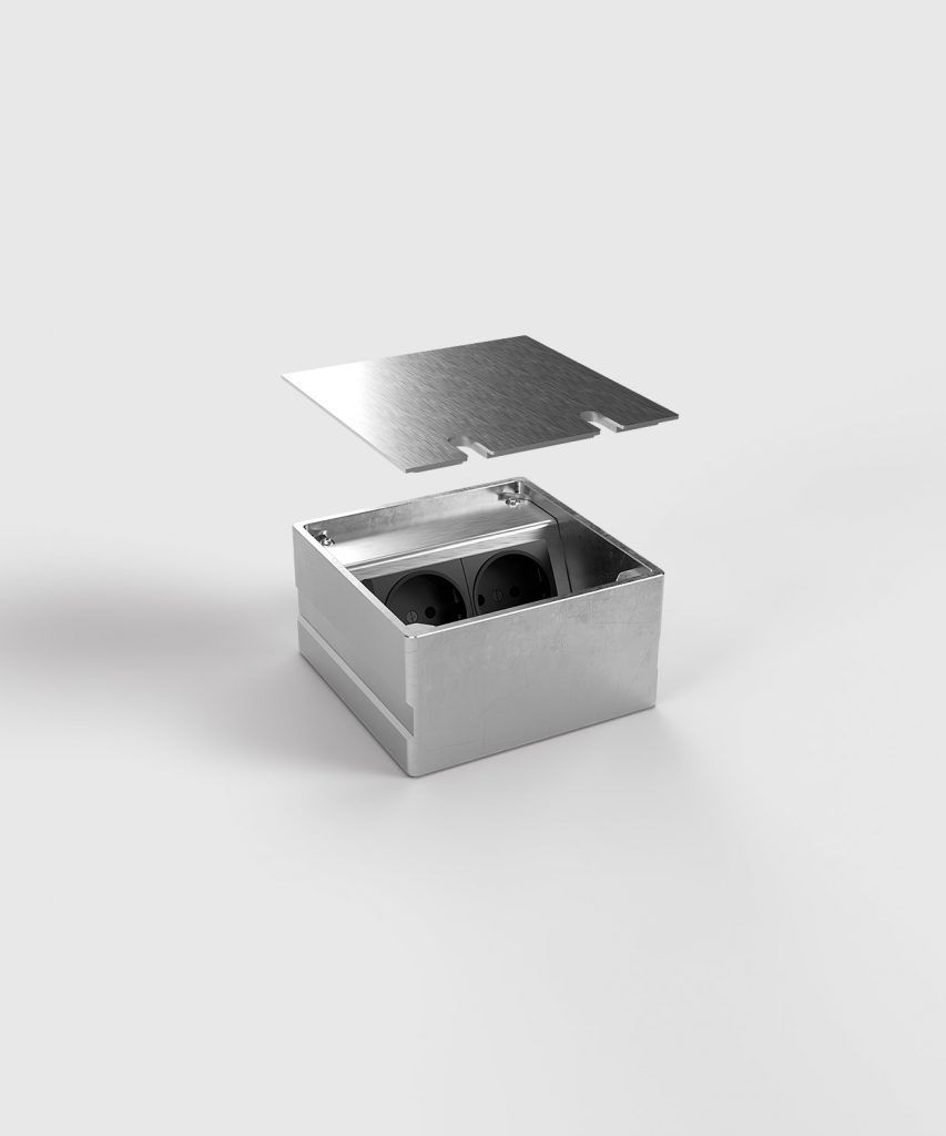 BS 8802E-1-1 Bodensteckdose, 2-fach, eckig, aufliegender Deckel aus Edelstahl, 2x Schutzkontakt-Steckdose