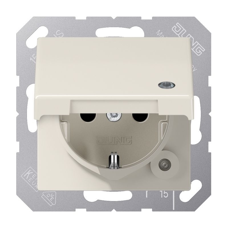 Jung AS1520BFKLKO Schutzkontakt-Steckdose mit Funktionsanzeige, SAFETY+, Klappdeckel, Thermoplast, Serie AS, weiß (ivory)