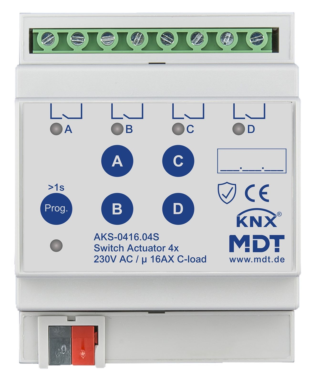 MDT AKS-0416.04S KNX Schaltaktor 4-fach, 4TE REG, 16 A, 230 V AC, C-Last, Standard, 140µF