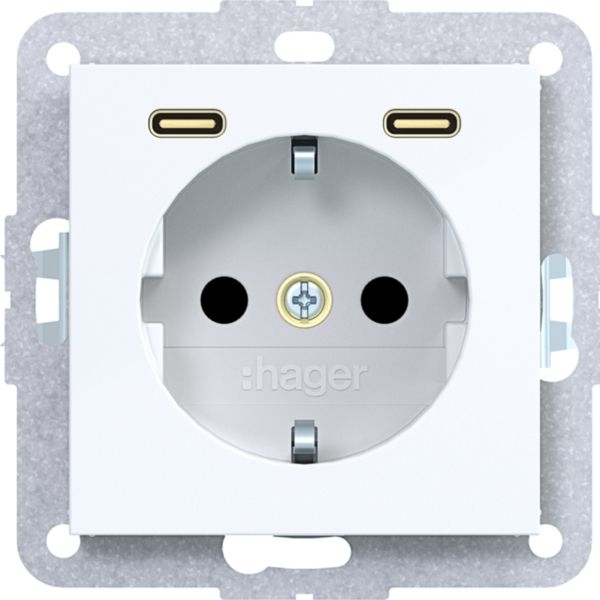 Hager WAS4055WG Schutzkontaktsteckdose mit USB Typ C 2-fach Power Delivery, 20W, A.x/C.x, lichtweiß glänzend