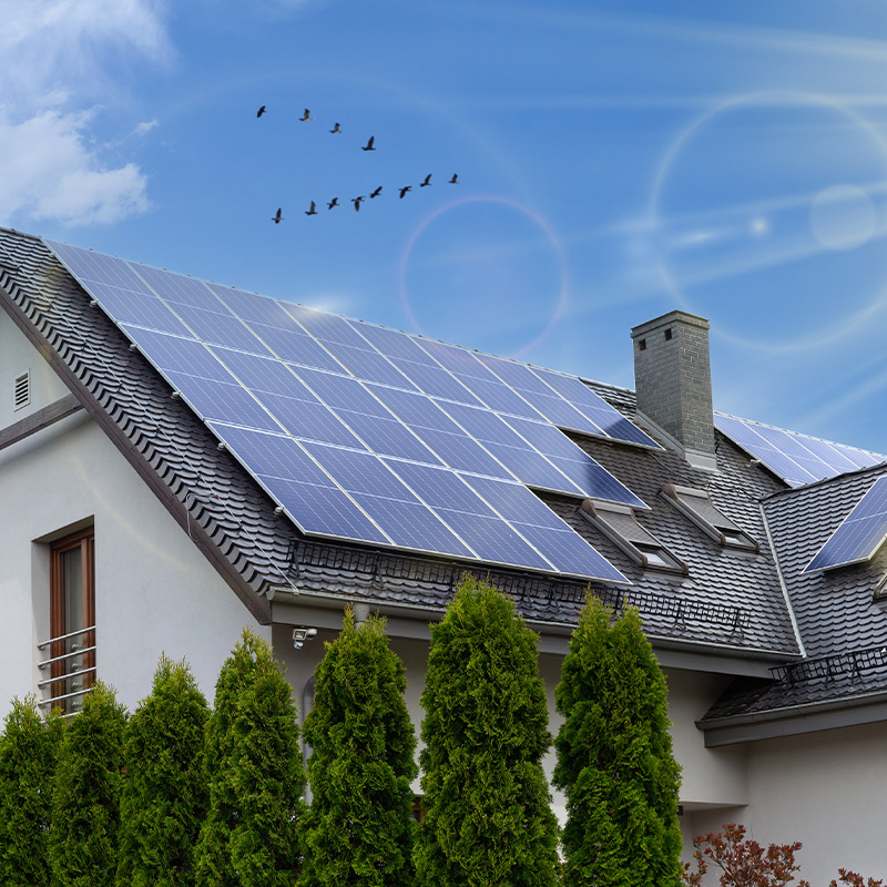 Eine Panoramabildaufnahme eines Einfamilienhauses. Das dunkle, geneigte Dach ist fast vollständig mit blauen Solarmodulen bedeckt, die in verschiedenen Sektionen angeordnet sind. Der Himmel ist blau mit einigen Wolken und die Sonne scheint auf die Module.