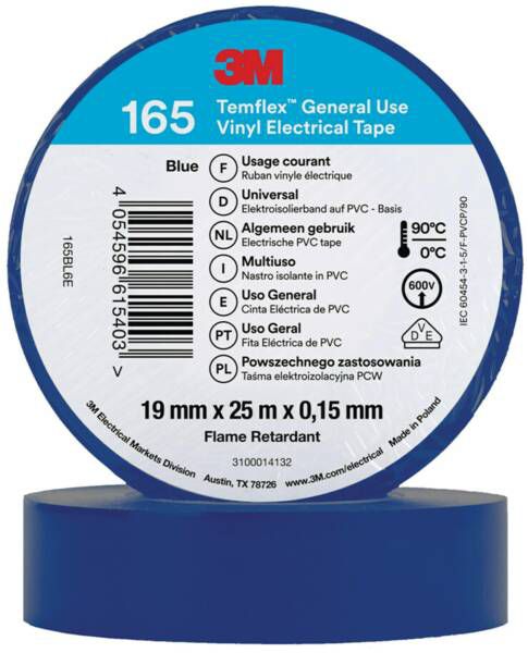 3M 7100184811 Temflex Vinyl-Isolierband 165, 19 mm x 25 m, blau