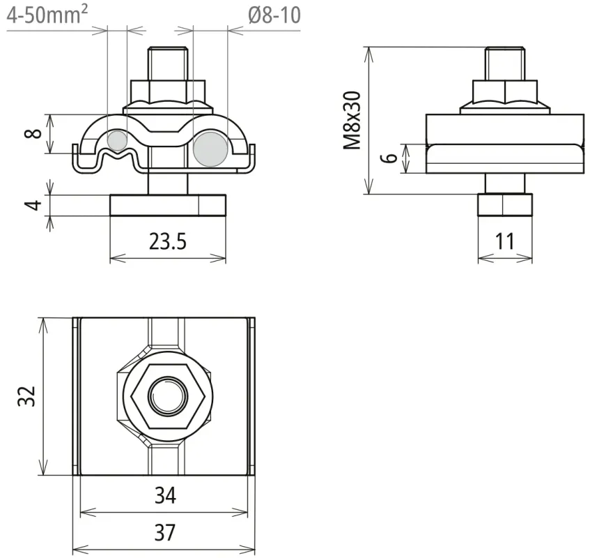 Dehn 540 250 Uni-Erdungsklemme mit Hammerkopfschraube M8, für Rundleiter 8 -10 mm, zur Anwendung für Funktionspotential- und Blitzschutz-Potentialausgleich