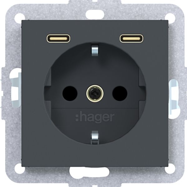Hager WAS4055AT Schutzkontaktsteckdose mit USB Typ C 2-fach Power Delivery, 20W, A.x/C.x, anthrazit matt