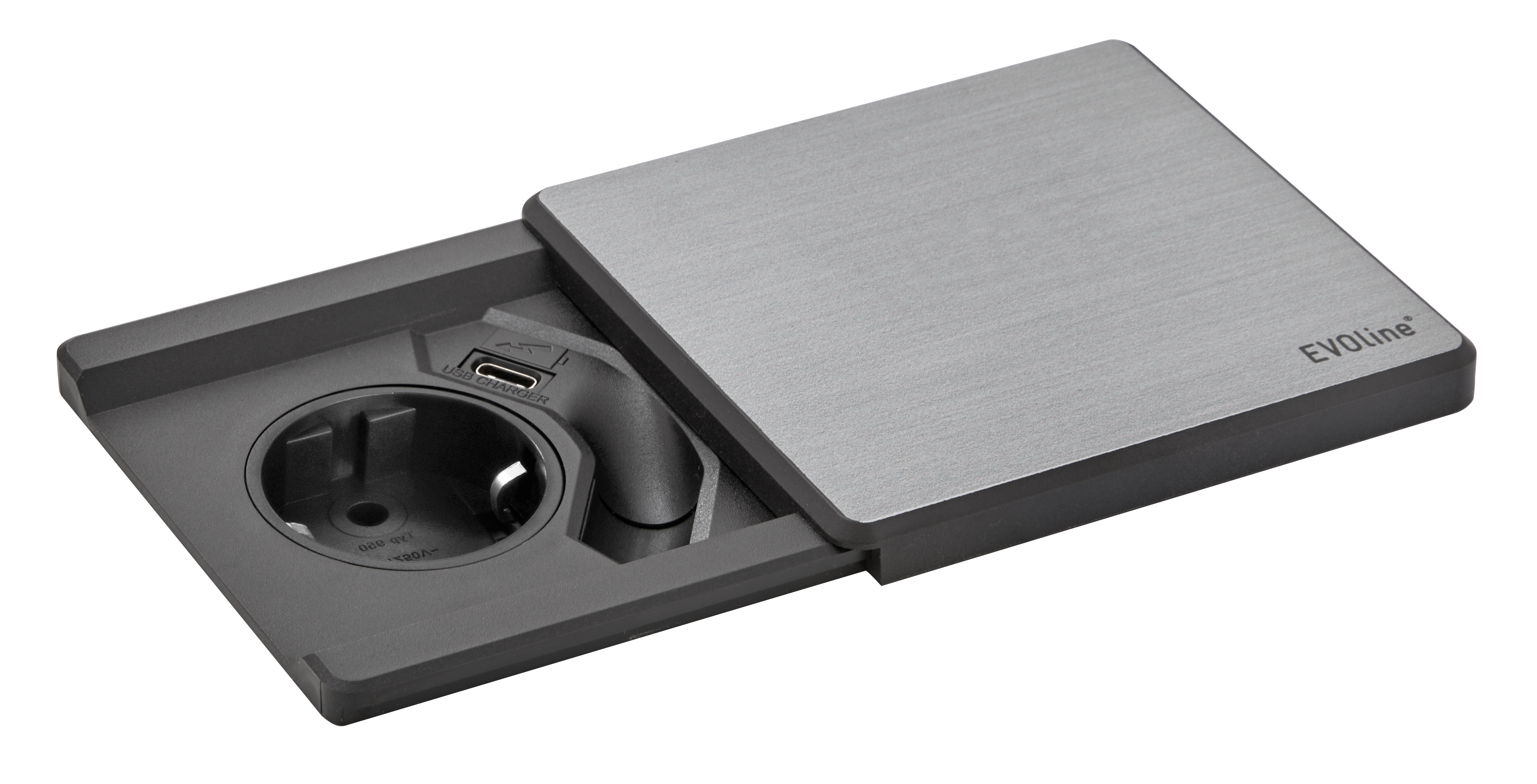 EVOline® 159270024200 Tisch-Einbausteckdose Square80, Edelstahl, VDE Steckdose, USB Charger Typ C, schwarz