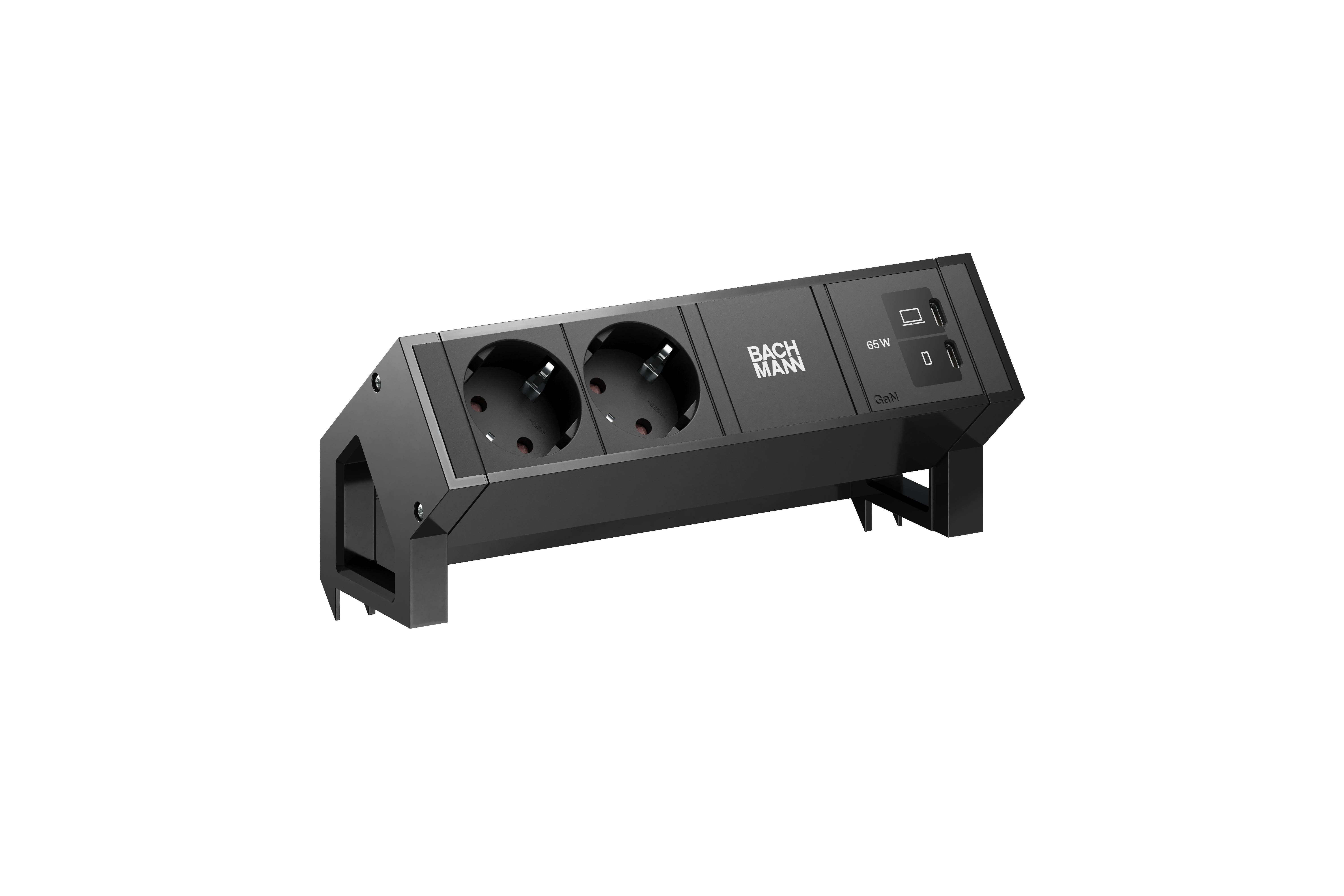 Bachmann BM0022037 Steckdosenleiste DESK2, 2x Schutzkontaktsteckdose, 1x USB C/C 65 W, 0,2 m GST18, inklusive Haltewinkel, schwarz