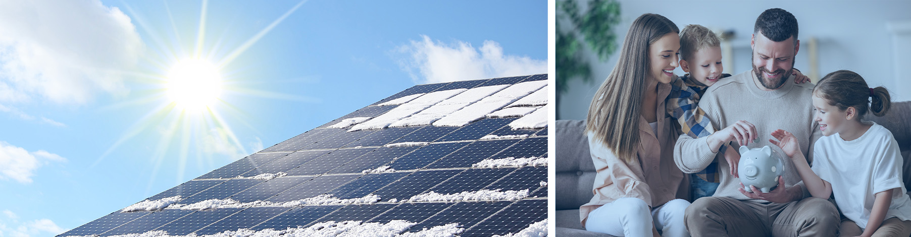 Ein PV-Dach halb mit Schnee bedeckt und die Sonne scheint darüber