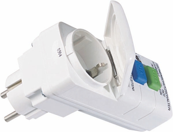 Bachmann 919.284 Fehlerstrom-Schutzadapter mit Personenschutzschalter, mit Klappdeckel, weiß