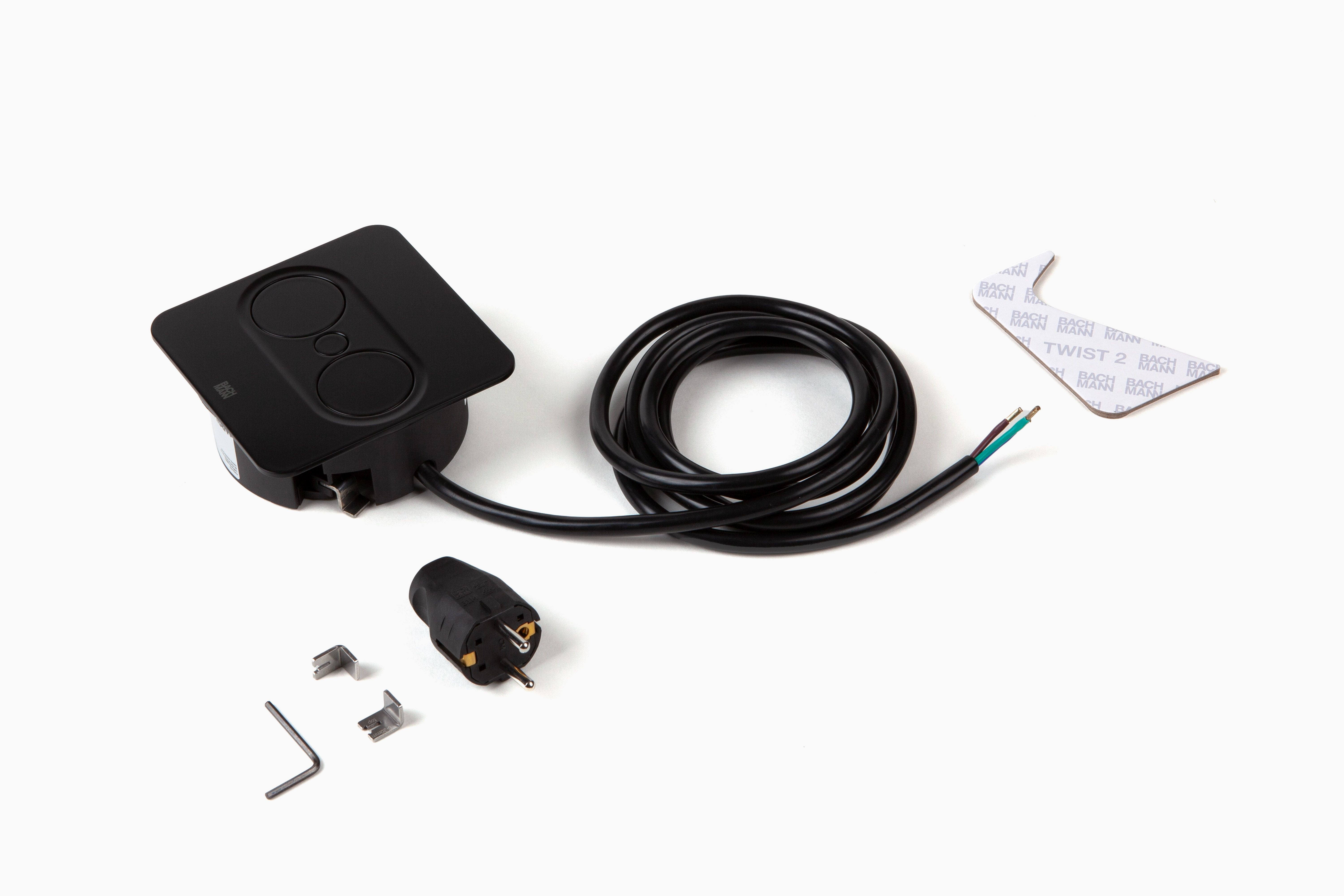 Bachmann 946.105 Steckdoseneinheit TWIST 2, 1x Schutzkontaktsteckdose, 1x USB A/C 22 W, 2,0 m Aderendhülsen und Montagestecker, eckig, schwarz matt