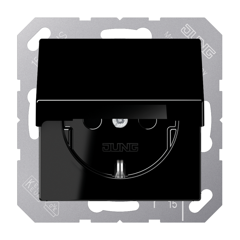 Jung A1520BFKIKLSW Schutzkontakt-Steckdose, Safety+, Klappdeckel, Thermoplast, Serie A, schwarz