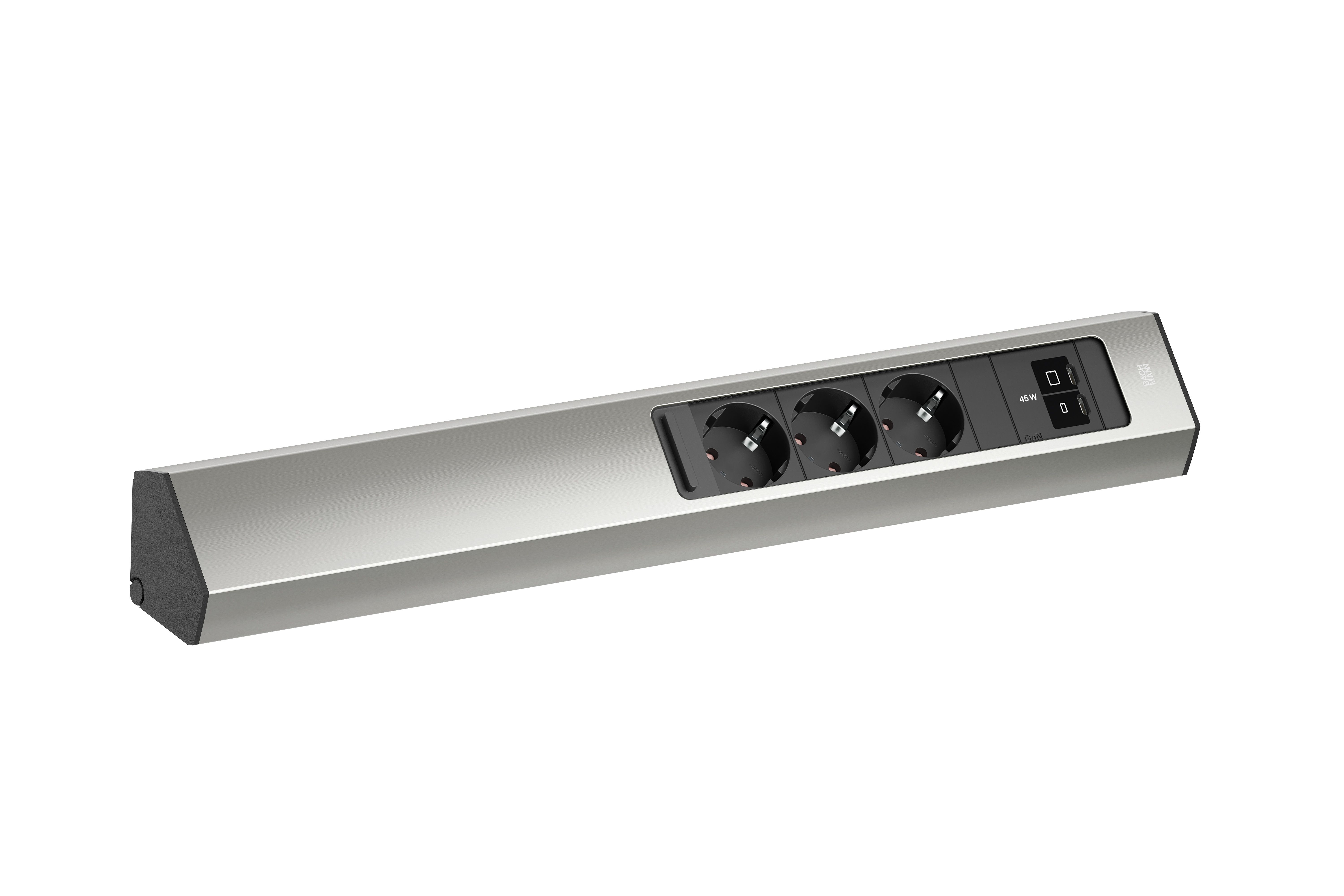 Bachmann BM0023174 Steckdosenleiste CASIA 2 Lang, 3x Schutzkontaktsteckdose, 1x USB C/C 45W, 2,0 m Aderendhülsen und beigelegter Montagestecker, edelstahl