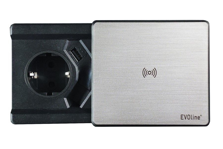 B-Ware EVOline® 159270006000 Tisch-Einbausteckdose Typ J Square80 mit Qi-Ladestation + USB , für die Länder Schweiz und Liechtenstein