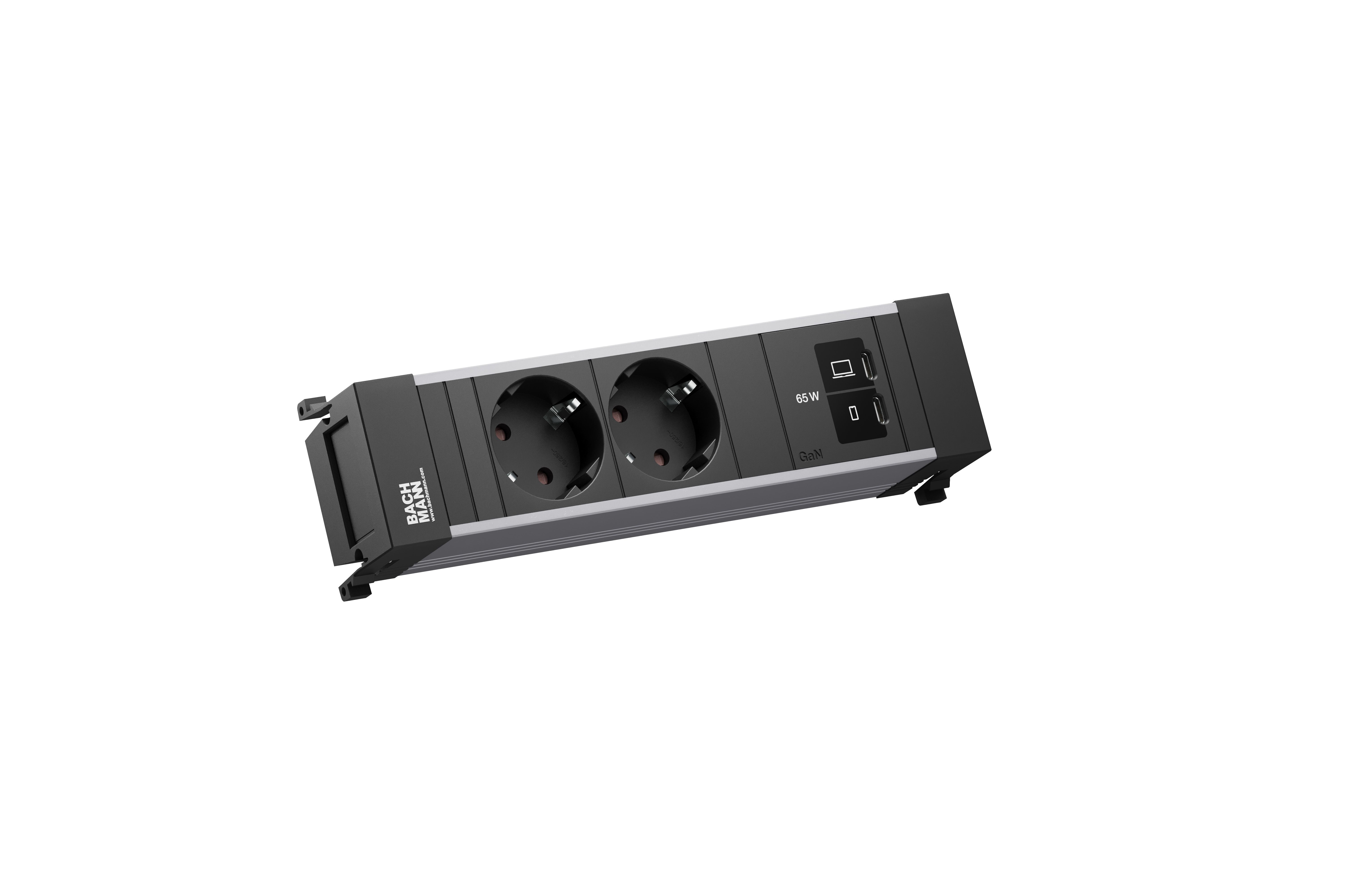 Bachmann BM0022846 Einbau-Steckdosenleiste POWER FRAME Small, 2x Schutzkontaktsteckdose, 1x USB C/C, 65 W, 0,2 m GST18, schwarz