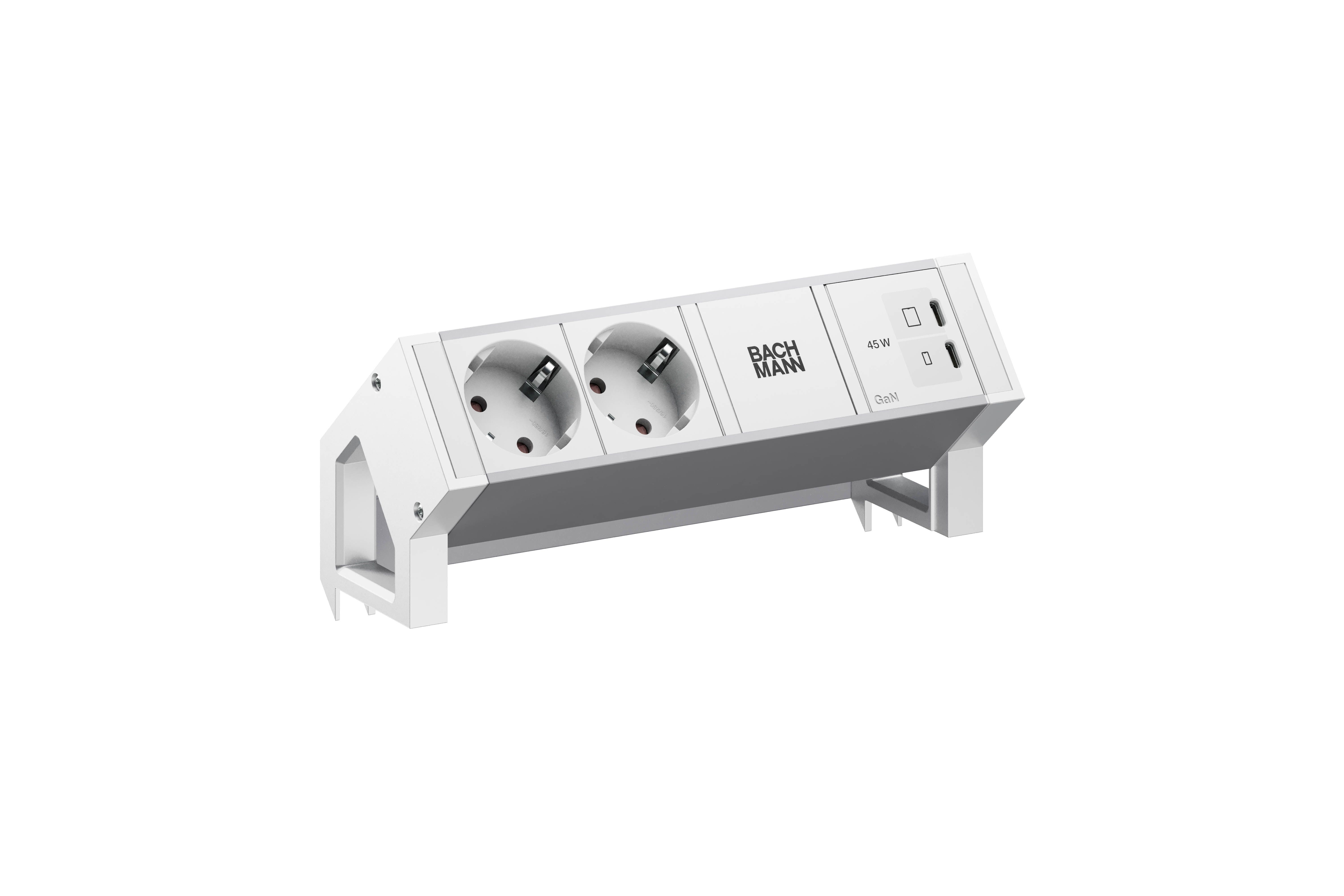 Bachmann BM0022042 Steckdosenleiste DESK2, 2x Schutzkontaktsteckdose, 1x USB C/C 45 W, 0,2 m GST18, inklusive Haltewinkel, aluminium/weiß