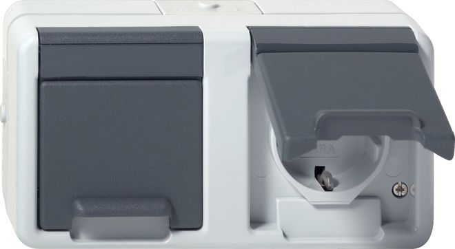 Gira 478130 2-fach Schutzkontakt-Steckdose waagerecht Klappdeckel,  WG Aufputz, grau