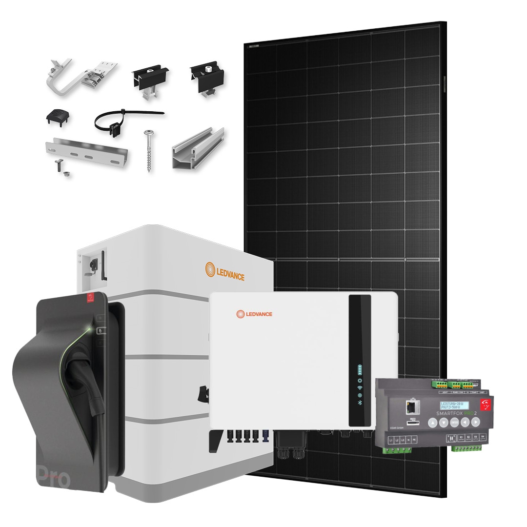 LEDVANCE/K2/SMARTFOX E24-PV-SET4-LLLKSS-11.00 Energiemanagement-PV-Anlage 11 kWp für optimale Eigenverbrauchsquote + Unterkonstruktion Schrägdach und Wallbox