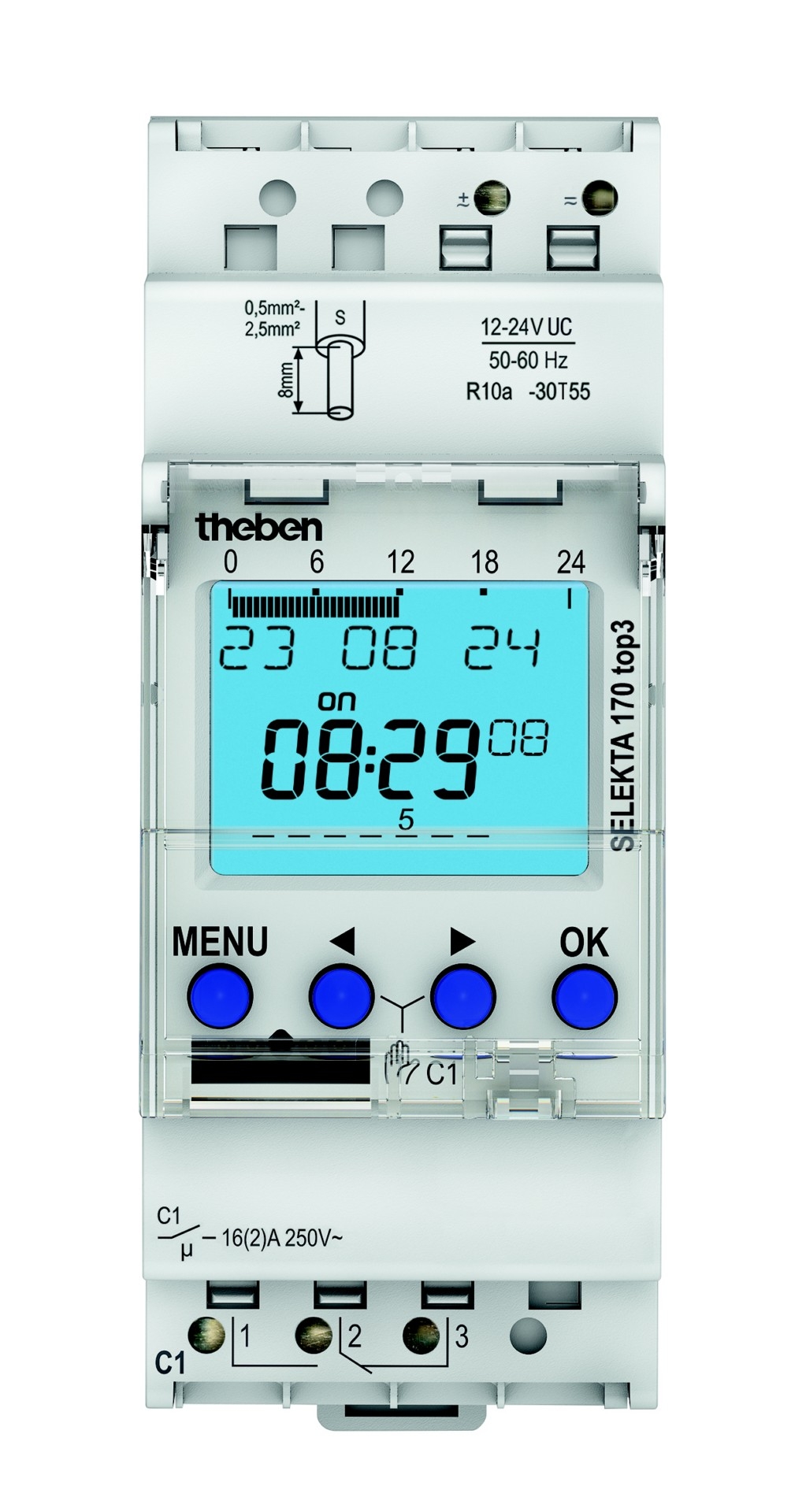 Theben 1704130 SELEKTA 170 top3 12-24V Digitale Zeitschaltuhr, mit Wochenprogramm, 1 Kanal, 2 TE