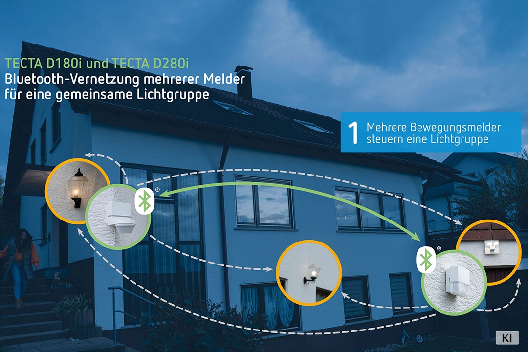 Theben 1010105 TECTA D180i Bewegungsmelder (PIR) für die Wandmontage im Außenbereich, Erfassungsbereich 180° per App einstellbar, Unterkriechschutz, Exit-On, weiß