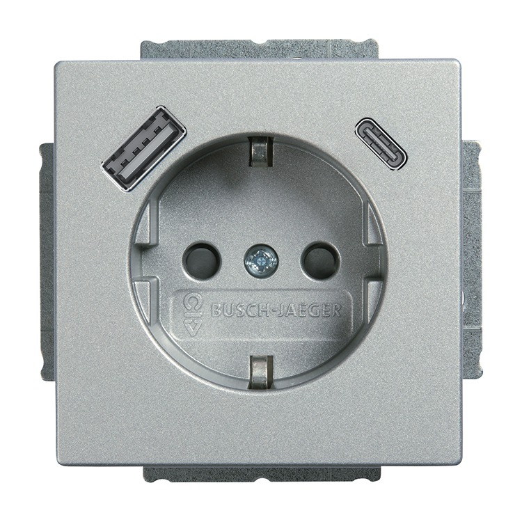 Busch-Jaeger 20 EUCB2USBAC-83 Schutzkontakt-/USB-A+C Steckdose Safety+, mit Befestigungskrallen, aluminium silber matt, Plattform 63