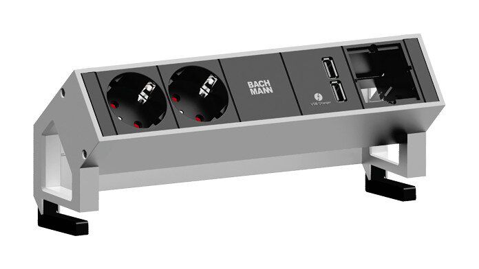 Bachmann 902.228 DESK2, 2 Schutzkontaktsteckdosen, 1 USB Doppelcharger 5V 3,1A, 1 Custom Modul leer, Zuleitung 0,2m H05VV-F3G1,5mm², GST18i3 Stecker, inkl. Haltewinkel