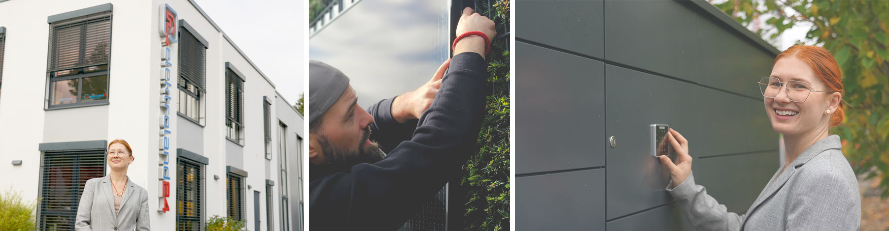 Ein Mann baut sein PV-Modul an und eine Frau steht an der Ziffernanzeige der grauen Abholbox