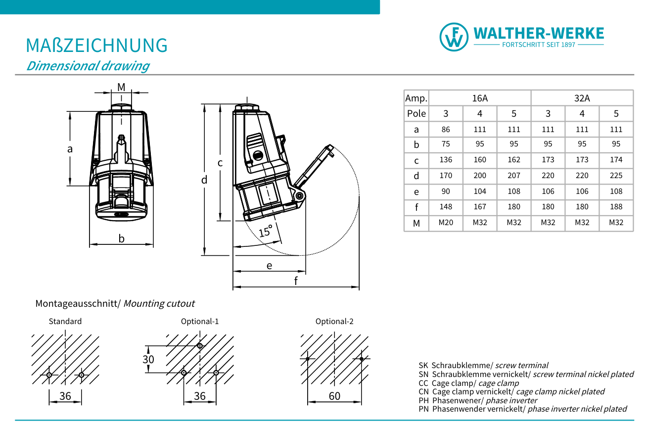 Walther Electric FW110306SK CEE NEO Wandsteckdose, 230V, 16A, 3P, 6h, IP54, mit Schraubtechnik