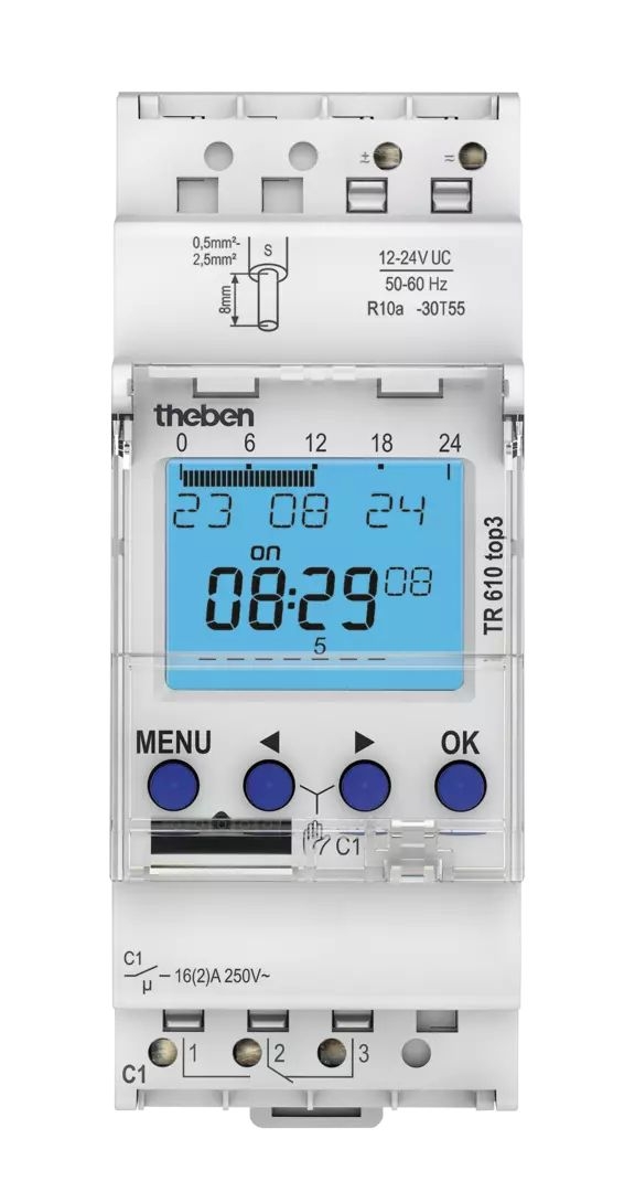 Theben 6104130 TR 610 top3 12-24 V Digitale Zeitschaltuhr, 12-24 V, Wochenprogramm, 1 Kanal, App-Programmierung möglich