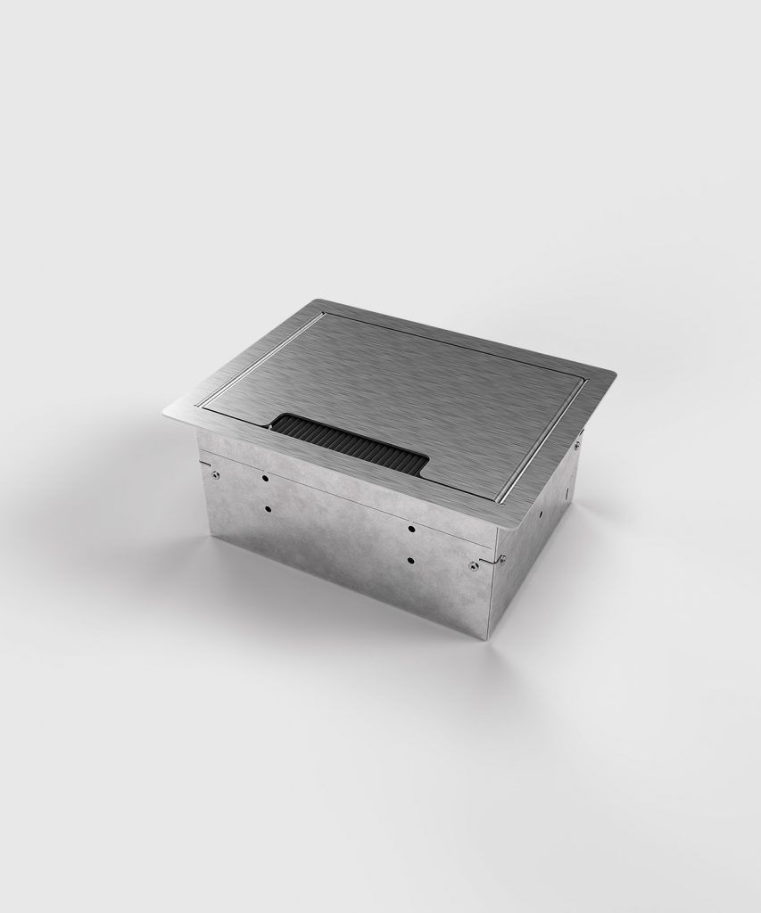 BS 8504E-1-1 Hohlbodentank, 4-fach, eckig, Rahmen und Klappdeckel aus Edelstahl, 4x Schutzkontakt-Steckdose