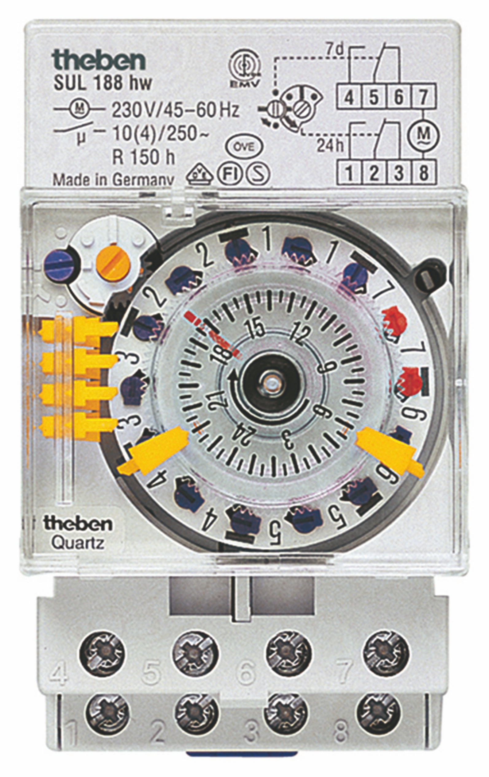 Theben 1880108 SUL 188 hw Reiheneinbau-Zeitschaltuhr 24 Std.u. 7T. Steckreiter, Gangreserve, 3 TE
