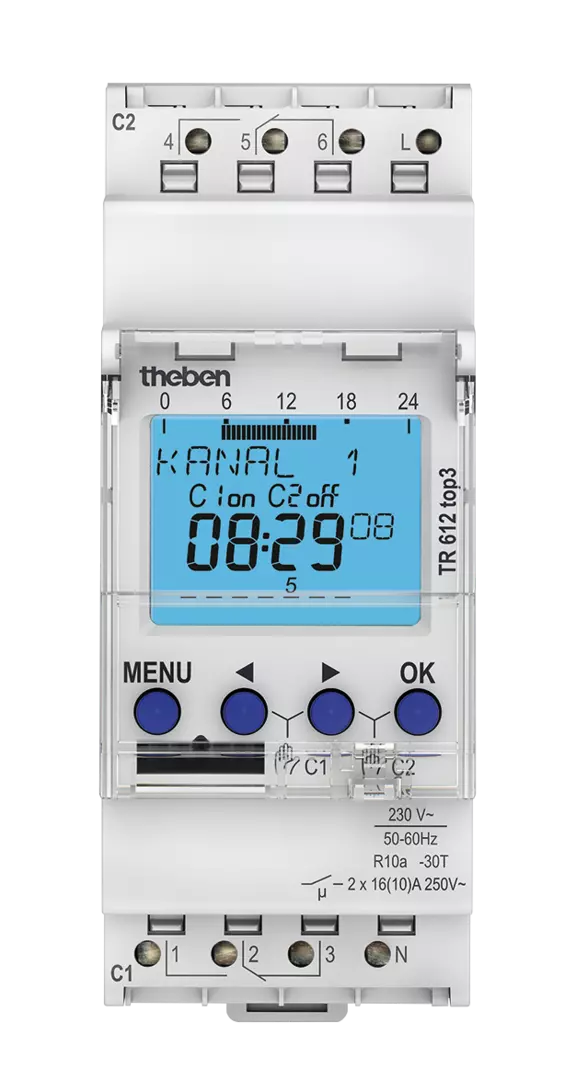 Theben 6120130 TR 612 top3 Digitale 2-Kanal Zeitschaltuhr, App, 600 W LED,  Zeitschalter, 10 Jahre Gangreserve, Nulldurchgangsschaltung, Dauerschaltung EIN/AUS, DIN-/Hutschiene, Schaltungsvorwahl