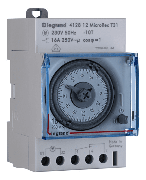 Legrand 412812 MicroRex T31F, analoge Tageszeitschaltuhr ohne Gangreserve, 230V 50Hz,1Kanal,3TE