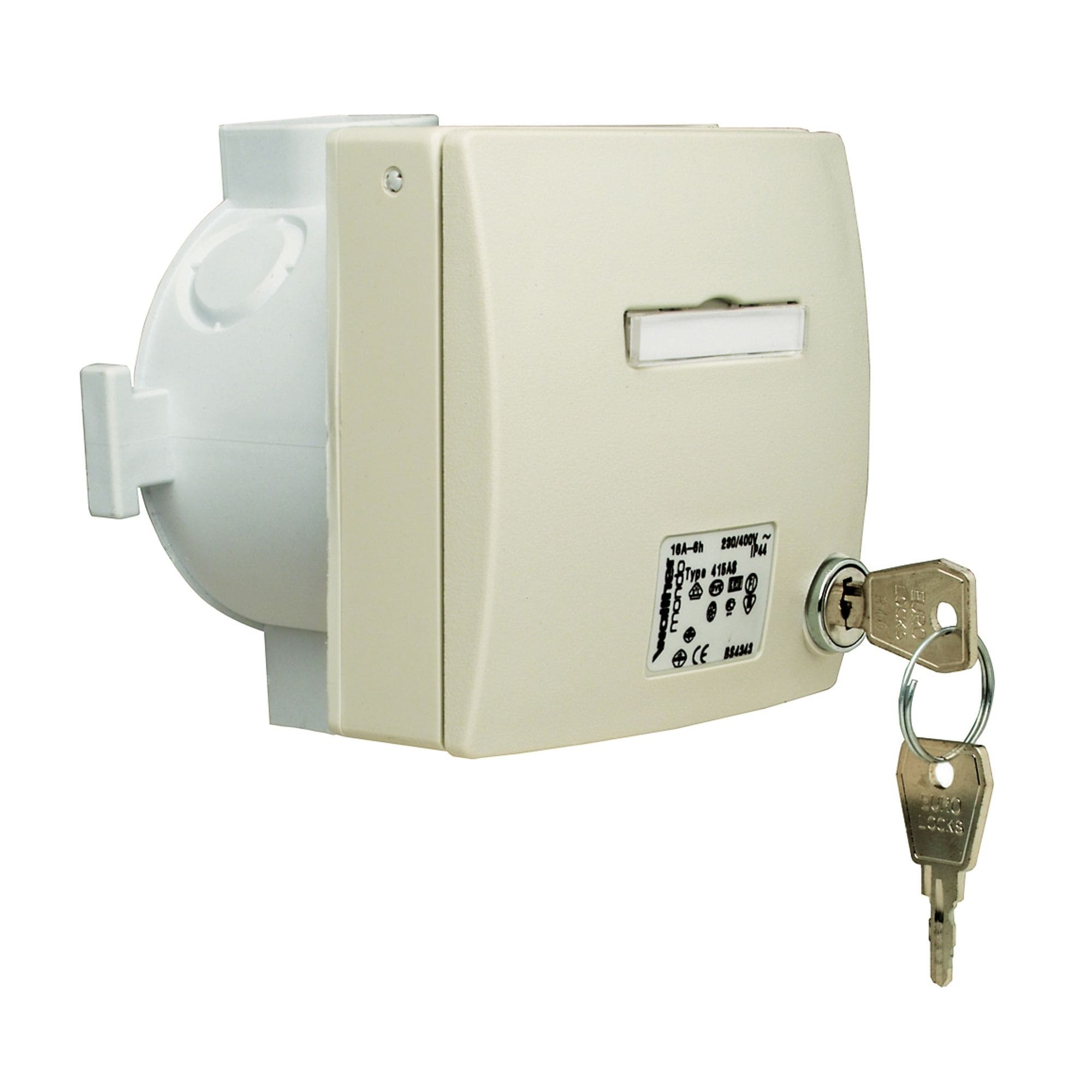 Walther Werke 416ASRW MONDO Unterputzwandsteckdose 16A 5P 6h mit UP-Dose, Putzausgleich, Beschriftungsfeld und Schloß zum Abschließen in reinweiß