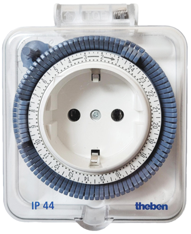 Theben 0260855 theben-timer 26 IP 44 Analoge Zeitschaltuhr für den Außenbereich, 1 Kanal, Steckdosen-Schaltuhr, Zeitprogrammstecker, Zeitschalter, bis zu 400 W LED, Outdoor, Schaltzustandsanzeige