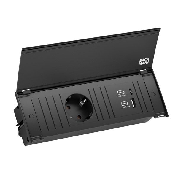 Bachmann 927.711 Steckdoseneinheit und Deckel (Set) KAPSA Small mit USB, 1x Schutzkontaktsteckdose, 1x USB A&C 22 W, 2,0 m Aderendhülse, schwarz