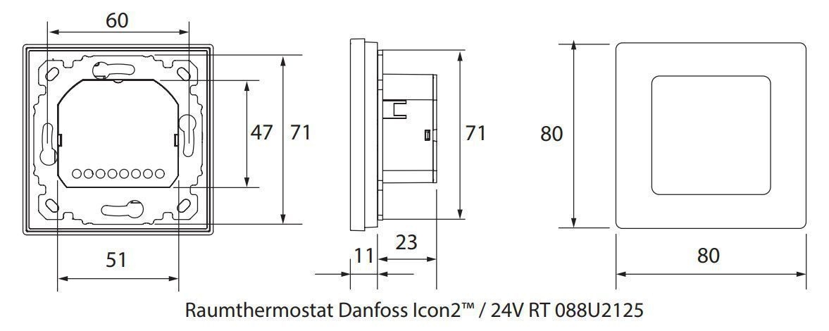 Devi 088U2125 Danfoss Icon², Raumthermostat, 24V, mit Touch-Display, Unterputz, 80x80