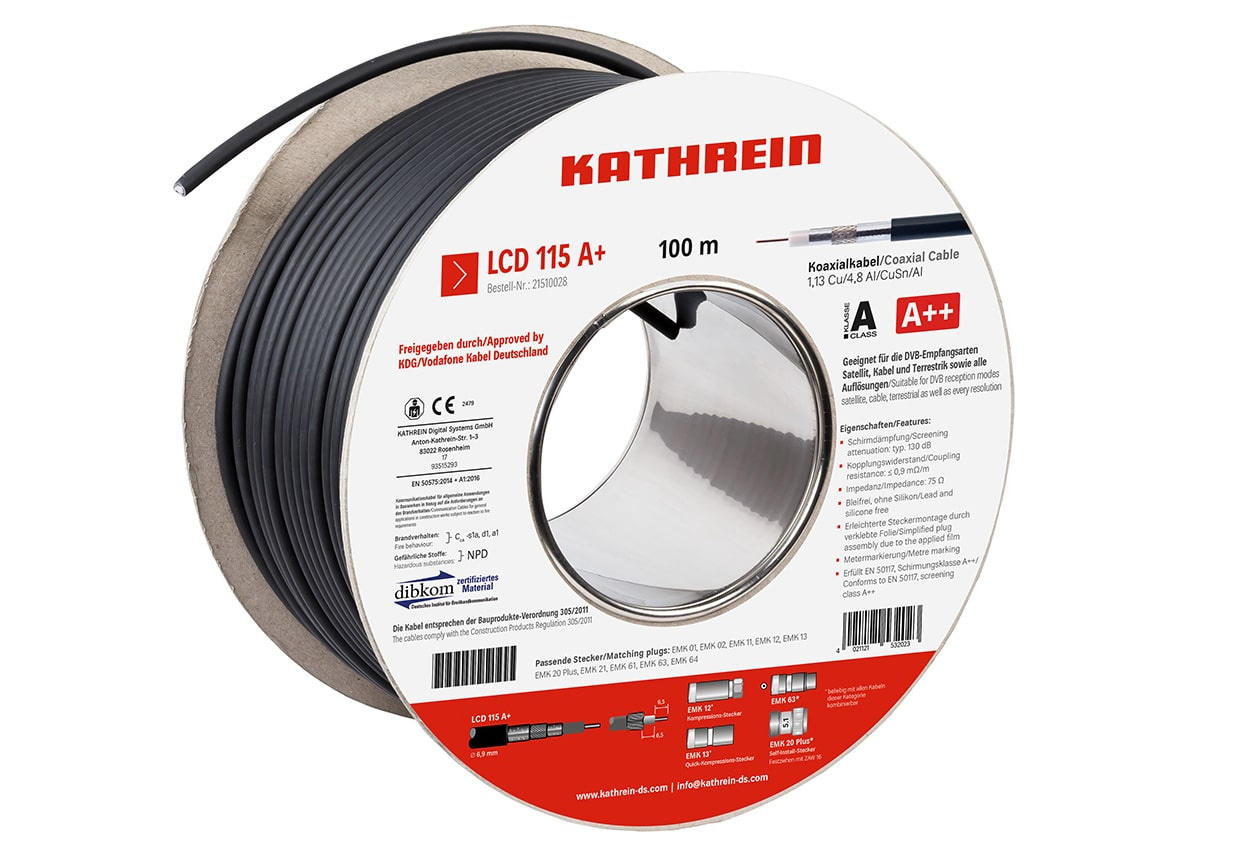 Kathrein LCD 115 A+ Koaxialkabel, 6,9 mm, 120 dB, 100 m-Ring, halogenfrei, flammwidrig, UV-beständig, für Innen- und Außenverlegung
