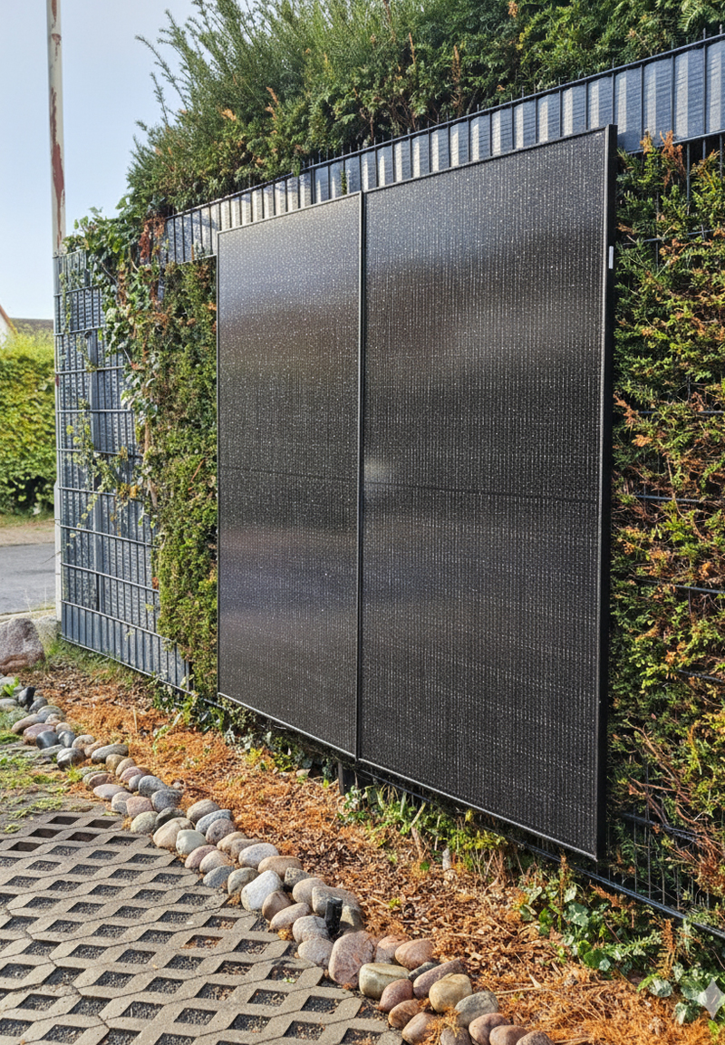 Zwei PV-Module hängen an einer Hecke