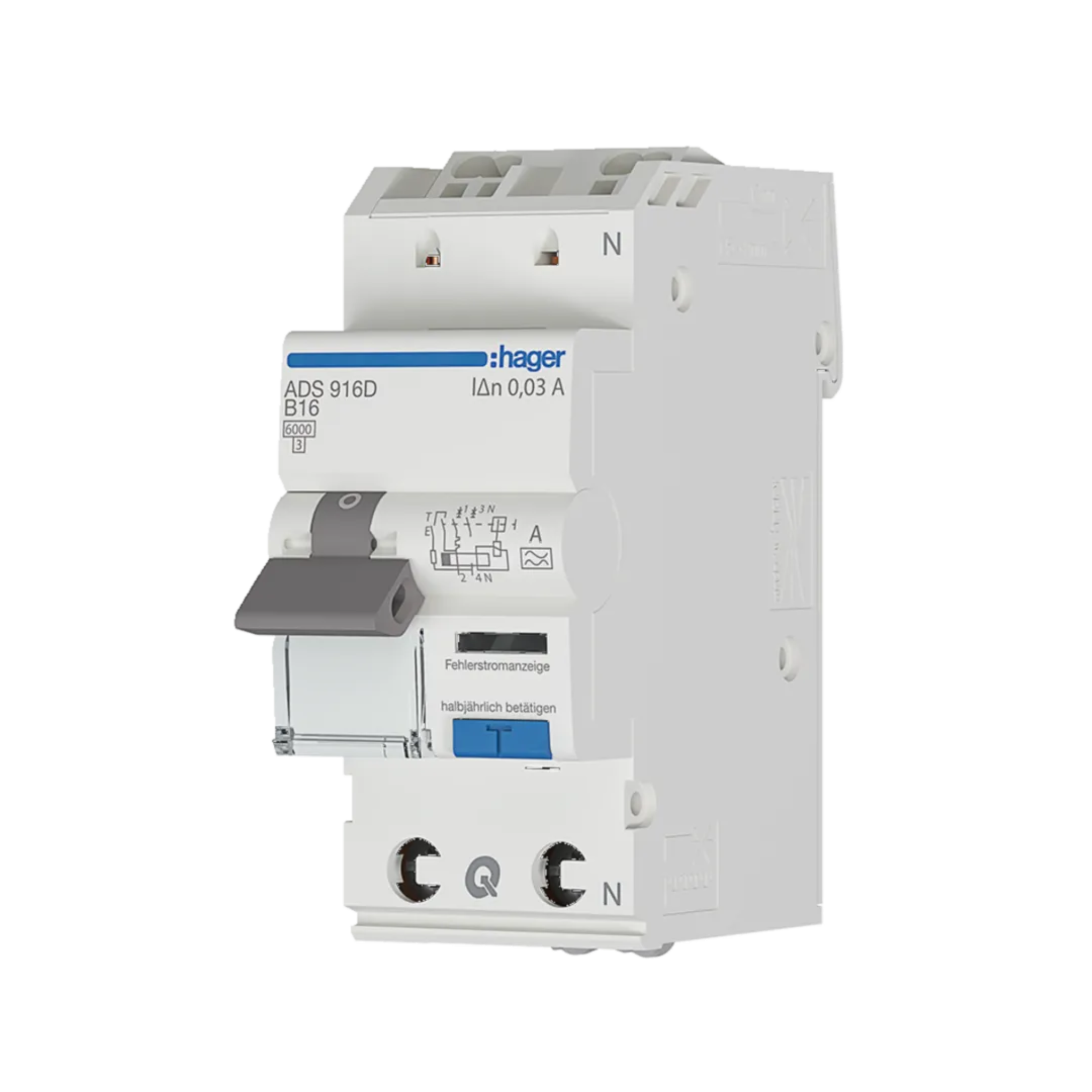 Hager ADS916D FI/LS-Schalter 1P+N, 6kA, B-Charakteristik, 16A, 30mA, Typ A, QuickConnect, Fehlerstrom-Leitungsschutzschalter