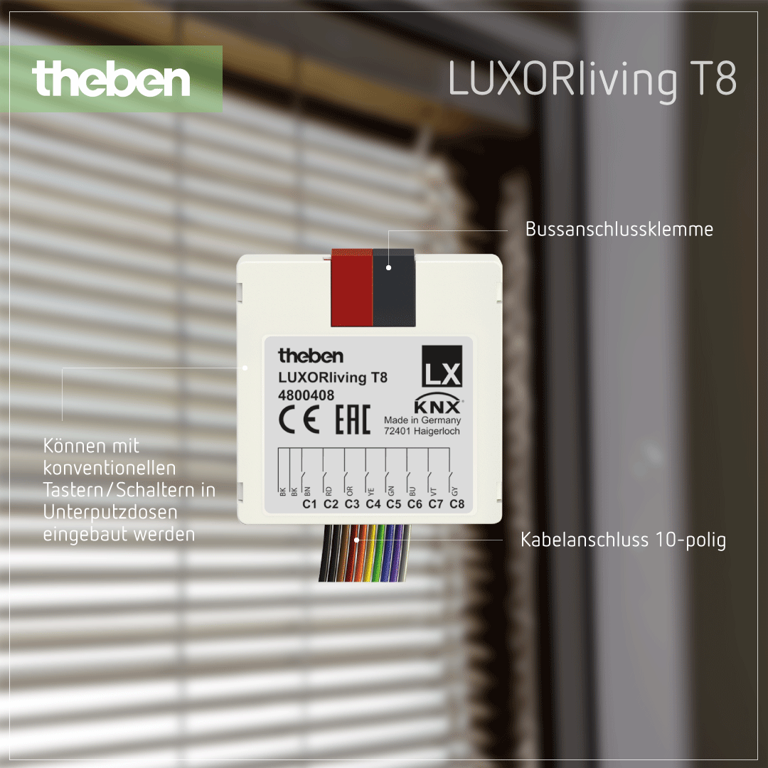 Theben LUXORliving T8 – Tasterschnittstelle zur intelligenten Steuerung von Smart Home-Funktionen Produktdetails zur LUXORliving T8 Tasterschnittstelle für die Steuerung elektrischer Geräte