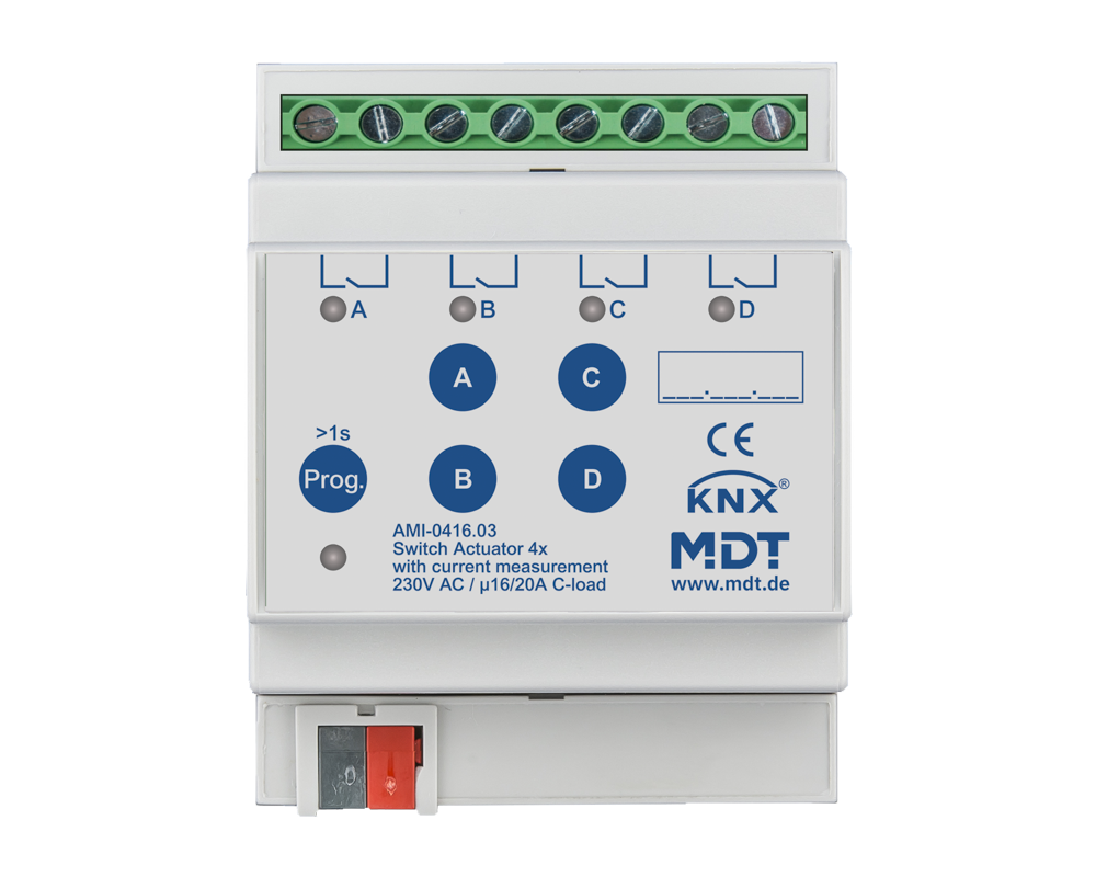 MDT AMI-0416.03 Schaltaktor 4-fach, 4TE, REG, 16/20 A, 230 V AC, C-Last mit Strommessung, 200 µF