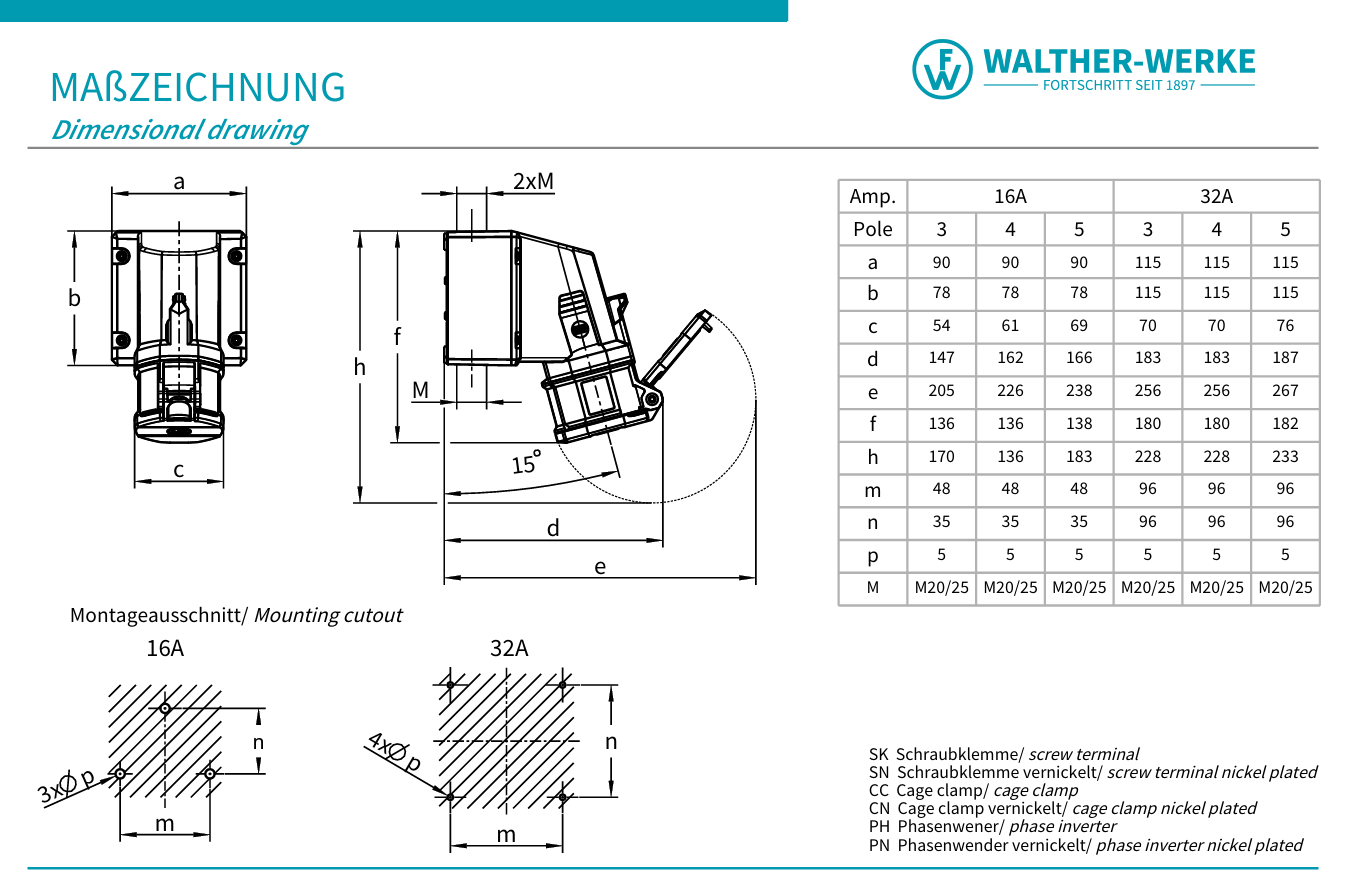 Walther Electric FW111506CC CEE NEO Wandsteckdose, 16A, 5P, 6h, IP54, mit Käfigzugfeder-Technik und drehbarem Boden