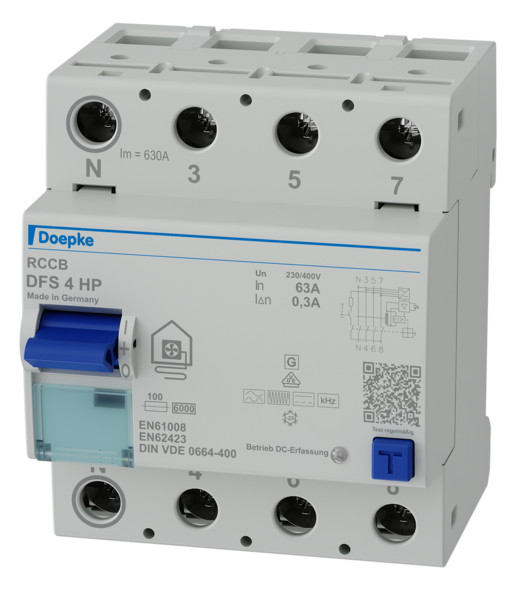 Doepke 09146805 Fehlerstromschutzschalter DFS 4 063-4/0,30-HP, 4-polig, 63A, 0,3A, Typ B+, allstromsensitiv, für Wärmepumpen