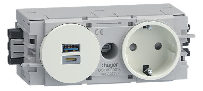 Hager Tehalit GS16009016 Steckdose 1-fach mit USB-Charger A+C 15W Wago Winsta C-Profil